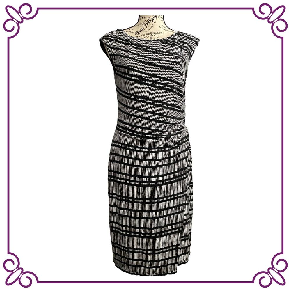 Loft Gray & Black Round Neck Sleeveless Sheath Stretch Midi Dress Petite Medium